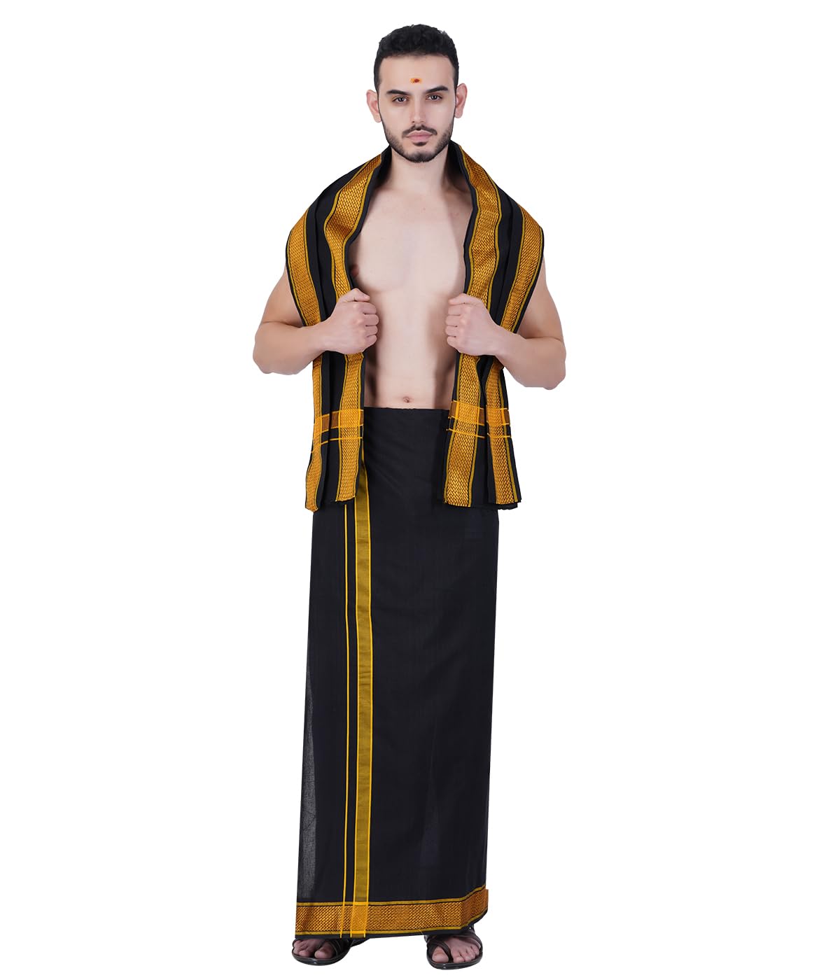ethazh Padayappa Men’s Dhoti with Angavastram 2.00 Mtr Cotton Blend Traditional Set with Golden Checked Border – Unstitched Veshti for Weddings, Temple, Pooja, Festivals & Spiritual Wear-picture-11