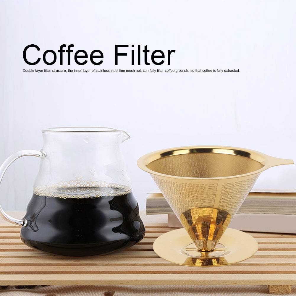 Pour Over Coffee Filter, Gold Honeycombed Stainless Steel Reusable Pour-Over Coffee Filter Coffee Dripper Paperless, Gold