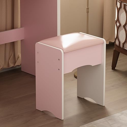 Miniatura 5 de ECACAD Juego de escritorio de tocador con espejo redondo iluminado LED, tocador de maquillaje con 5 cajones, estantes de almacenamiento y taburete