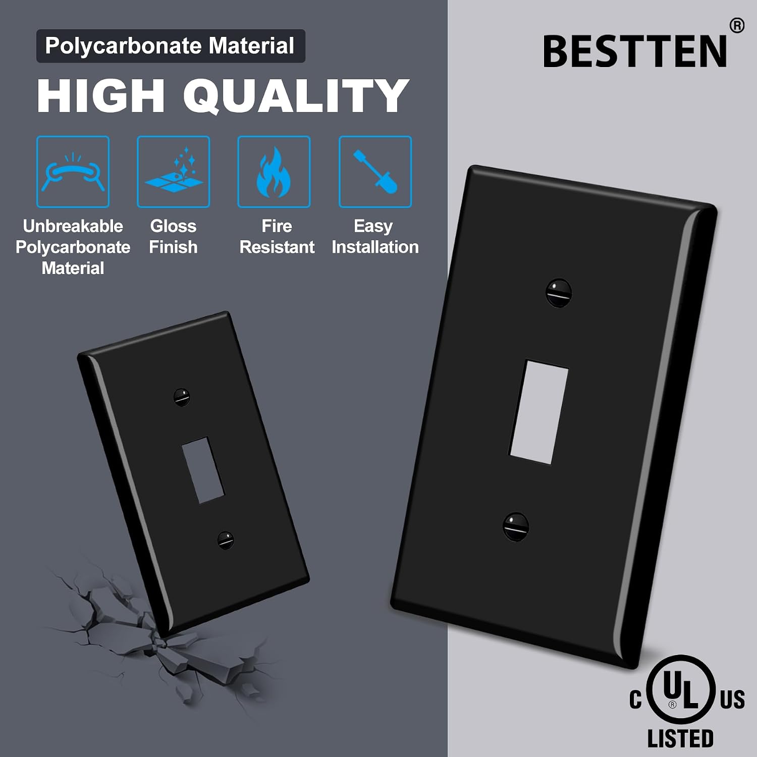 BESTTEN 10 Pack 1-Gang Toggle Wall Plate, Unbreakable Polycarbonate Light Switch Cover, Standard Size, UL Listed, Black