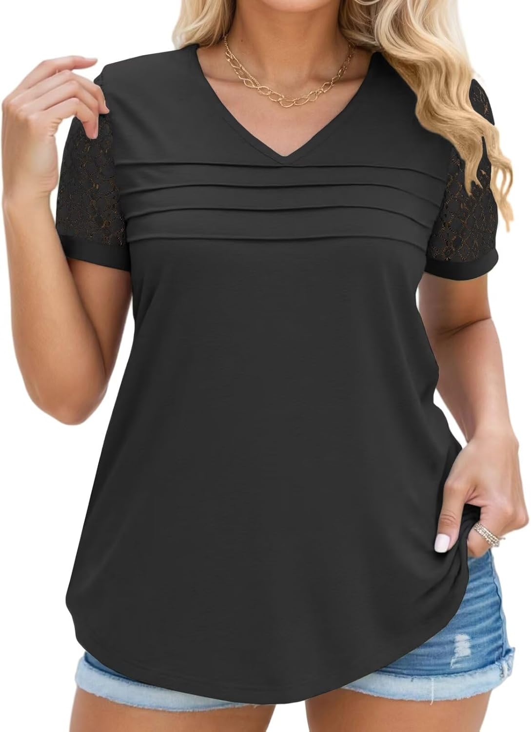 DOLNINE Womens-Plus-Size-Tops Fashion Lace Short Sleeve Shirts Casual V Neck Tees Going Out Pleated Tunics Blouses XL-5XL - Image 2