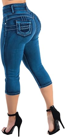 Moda Xpress Womens Juniors Ultra High Waist Butt Lifting Stretch Denim Capris Push Up Sculpting Body Shaping Comfortable Fit