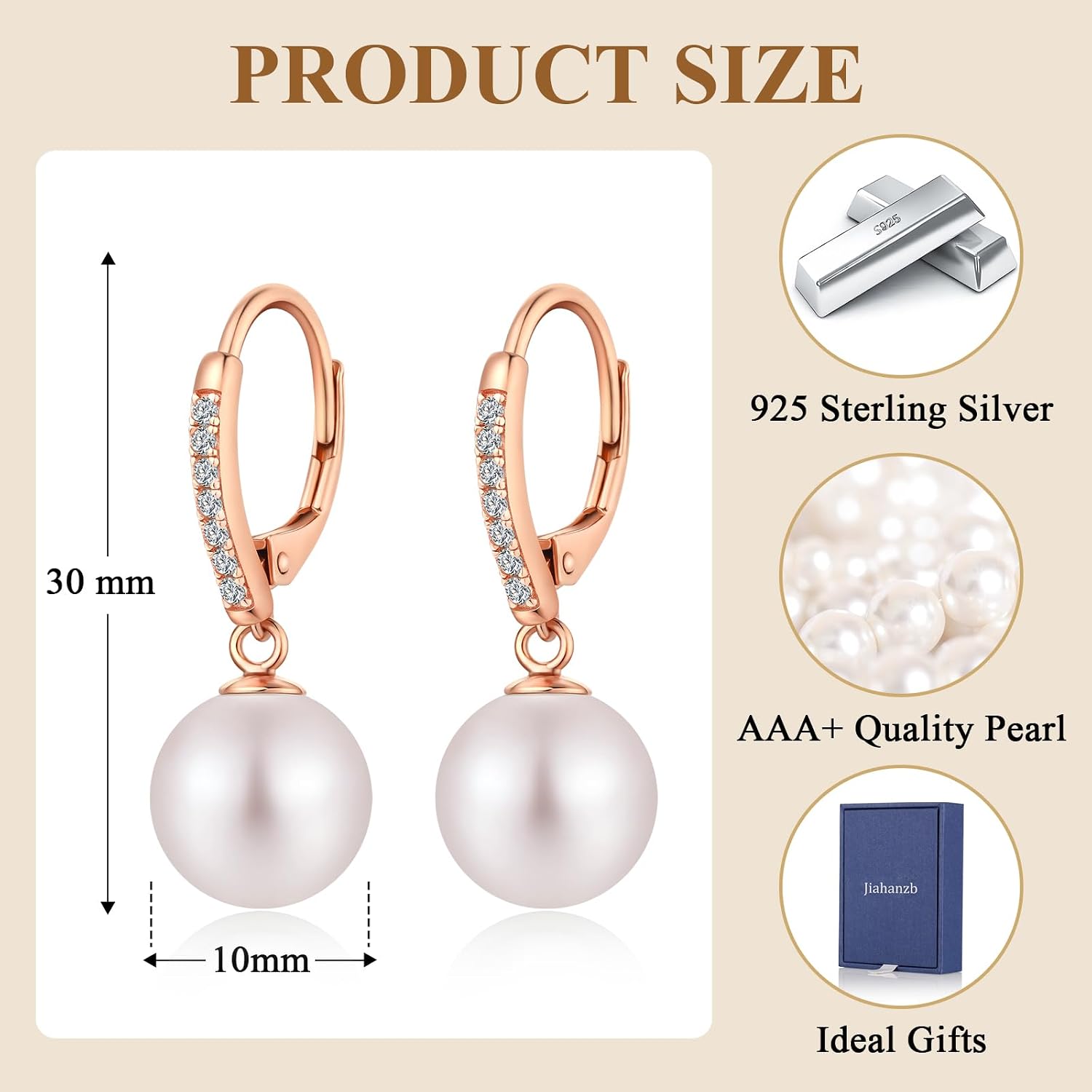 925 Sterling Silver Pearl Leverback Earrings for Women Cubic Zirconia Pearl Jewelry 10MM