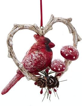 KSA Kurt Adler Red Cardinal Birds in Branch Heart Ornament - L