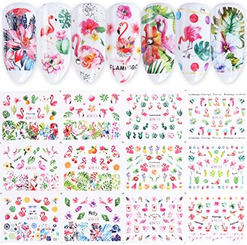 Flamingo Nail Stickers Flower Water Transfer Nail Art Decals Pink Bird Flower Fruit Leaf Nail Design for Women Girls Favors Nail Decoration Spring Nail Accessories Nail Supplies for Acrylic Nails