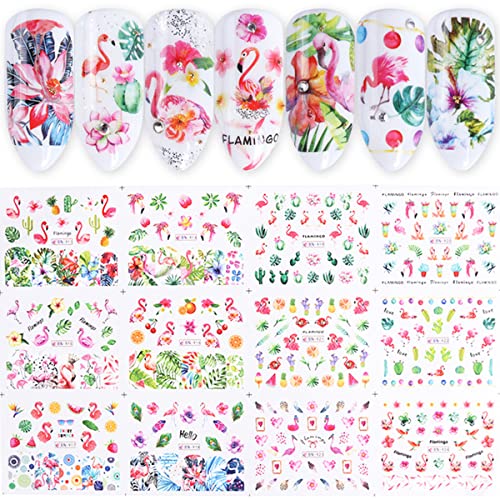 Flamingo Nail Stickers Flower Water Transfer Nail Art Decals Pink Bird Flower Fruit Leaf Nail Design For Women Girls Favors Nail Decoration Spring Nail Accessories Nail Supplies For Acrylic Nails #TOP13