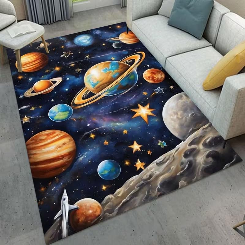Kuluoits Starry Sky Rug for Bedrooms, 180x260cm Galaxy Theme Earth Planet Star Cool Outer Space Print Rugs, Non-slip and Machine Washable Carpet for Living Room, Dining Room Playroom Decoration