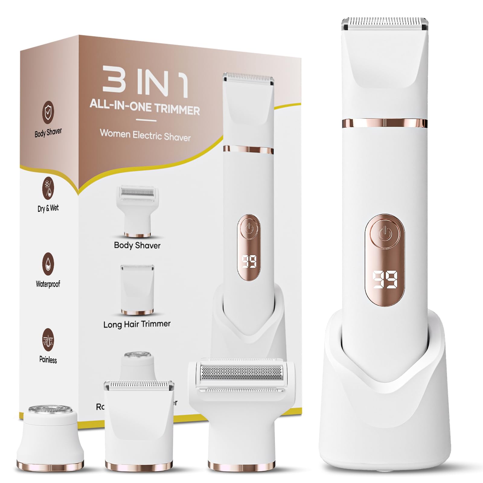 Lady Shavers for Women 3-in-1, Tiovara Painless Electric Razors Shaver IPX7 Waterproof Cordless Body Hair Trimmer Pubic Hair Removal with USB Charge Dock for Underarm Leg Arm Body Face (White)