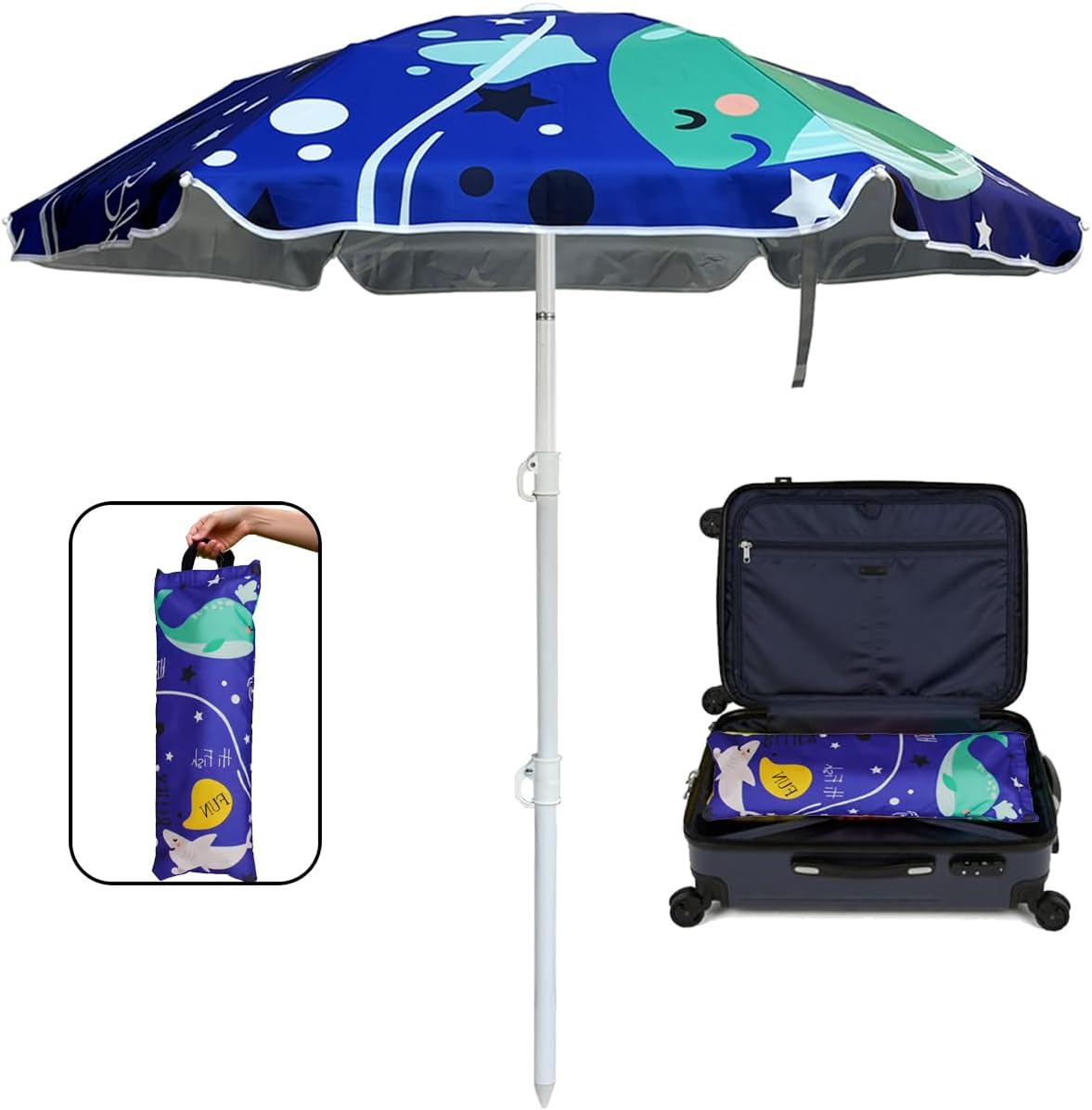 LOTTAFUN Water Table Umbrella Kid 5ft Beach Umbrella Diameter 0.99-1.1 Inches Pole UV 50+ Portable Sun Shade with Sand Anchor & Carry Bag, Outdoor Folding Umbrella for Beach,Pool,Patio,Garden (Dophin)NO Tilt The sand needs to be over 5inches above the bottom
