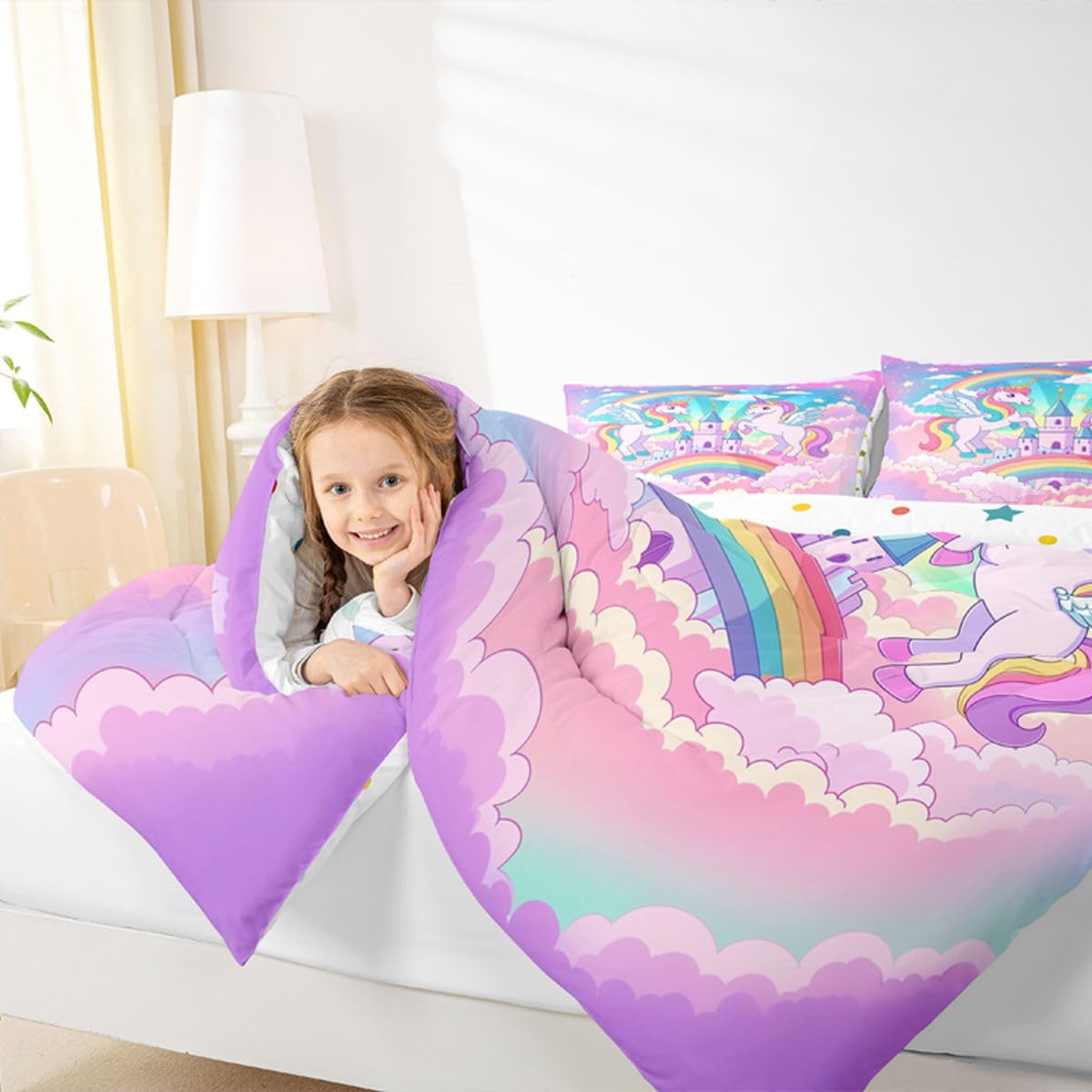 Homewish Kids Castle Marzycielski pojedynczy zestaw pościeli – księżniczka uroczy jednorożec zestaw pościeli kawaii, jednorożec, galaktyka, tęcza, poszewka bez poszewki na poduszkę