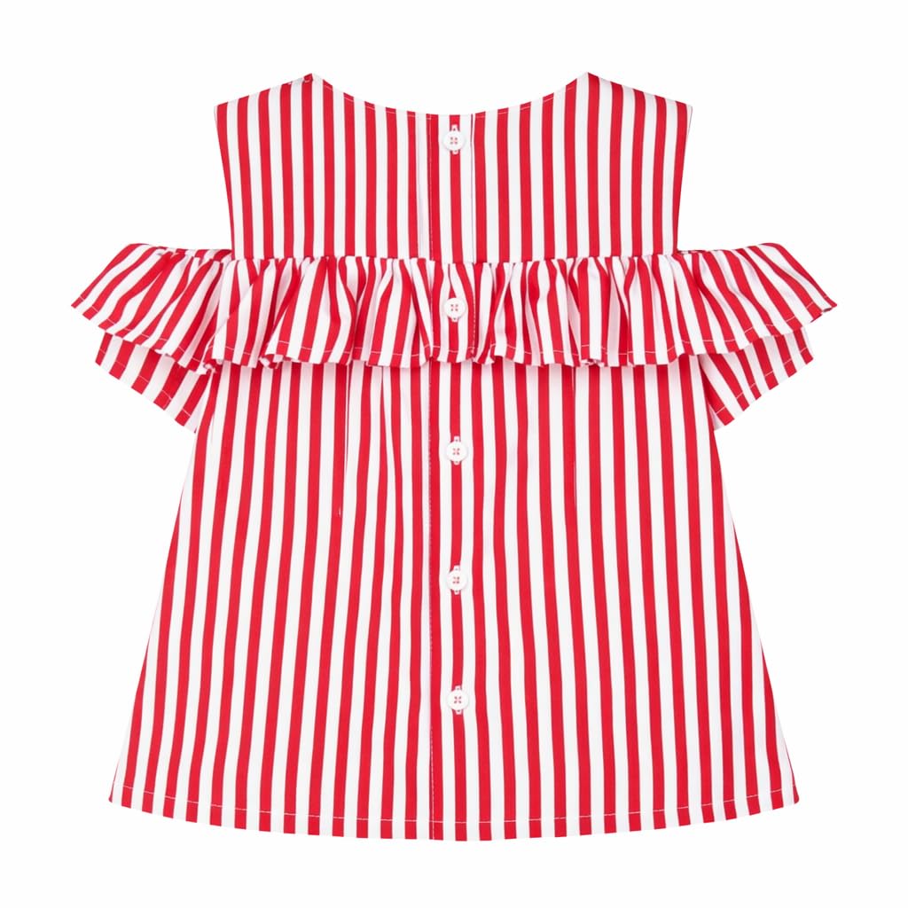 Generico Blusa para niña de rayas rojas y blancas de algodón, con volantes y hombros descubiertos, estilo informal de verano