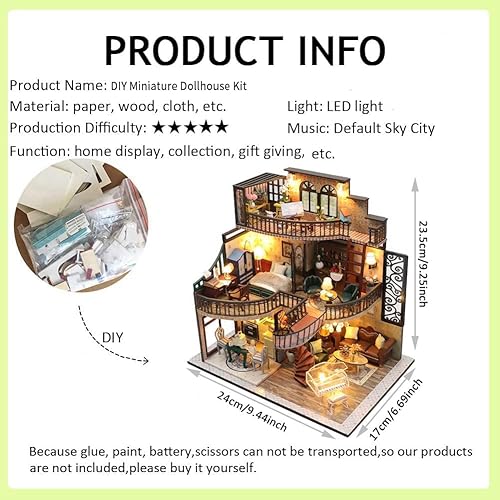 Miniatura 4 de WonDerfulC Casa de muñecas ensamblada de bricolaje, casa de muñecas en miniatura en 3D, kit de juguetes con movimiento musical y a prueba de polvo a