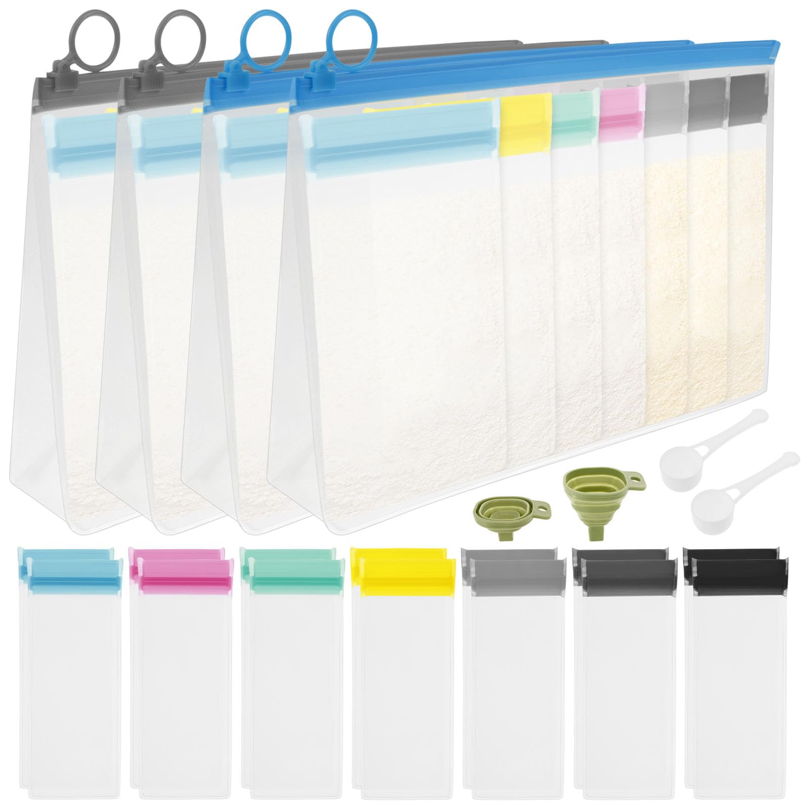 Ghshanog Clear 50Pcs Protein Powder Travel Container Set,Reusable Protein Powder Container To Go With 42Pcs Single Dose Bags & 4Pcs Large Zip Bags,Portable Supplement With Funnel Spoon