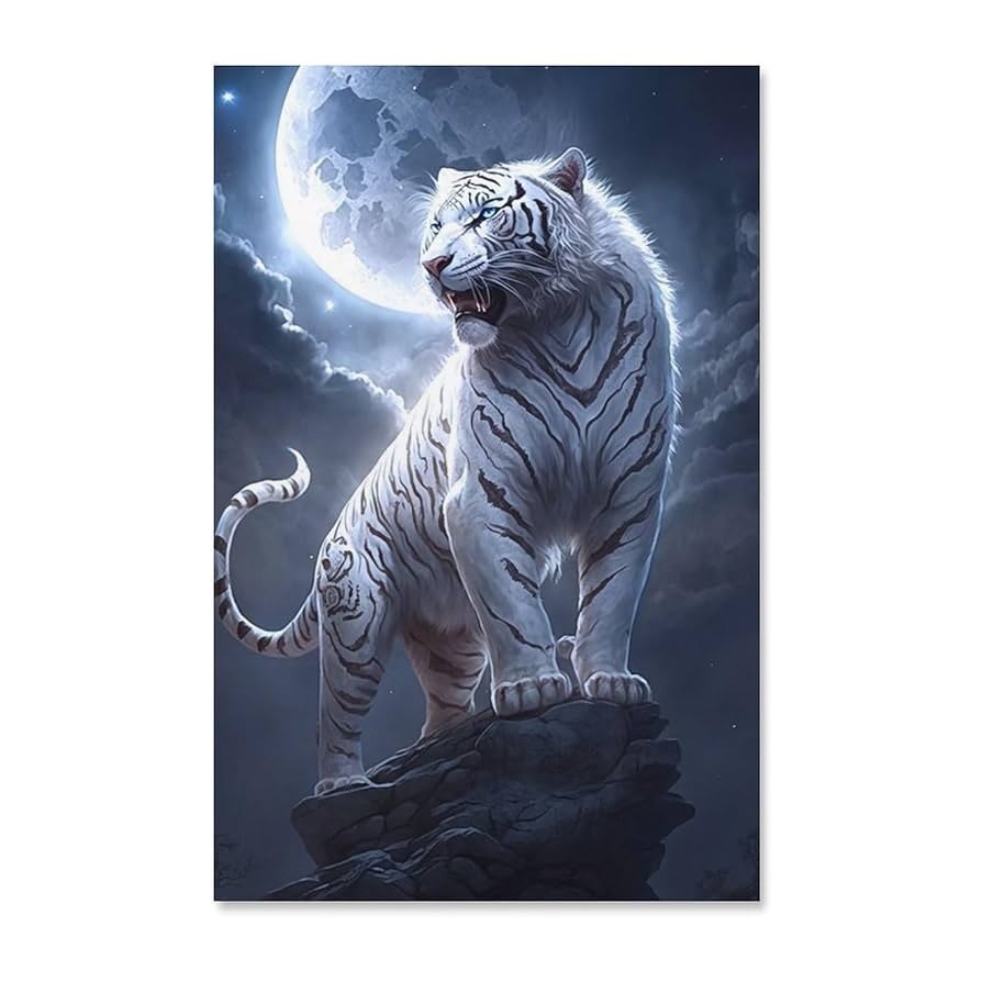 ホワイトタイガーと青いバラの絵画 ホワイトタイガーの油絵 絵画 mimoza 通販 5207436｜Creema
