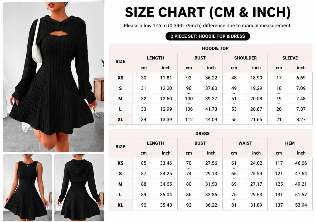 Completo Donna Elegante Completo Da Donna In Maglia A Coste Composto Da Due Pezzi Top Poncho Corto Con Cappuccio E Mini Abito Senza Maniche A Trapezio Outfit Coordinato Casual Stile Y2K Autunno/Inve