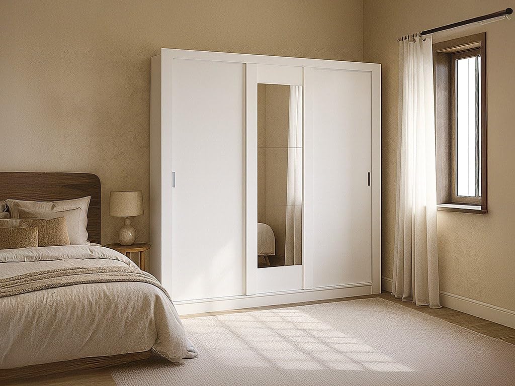 Vente-unique Armario con Espejo Roxane - 3 Puertas correderas – Ancho 220 cm - Blanco