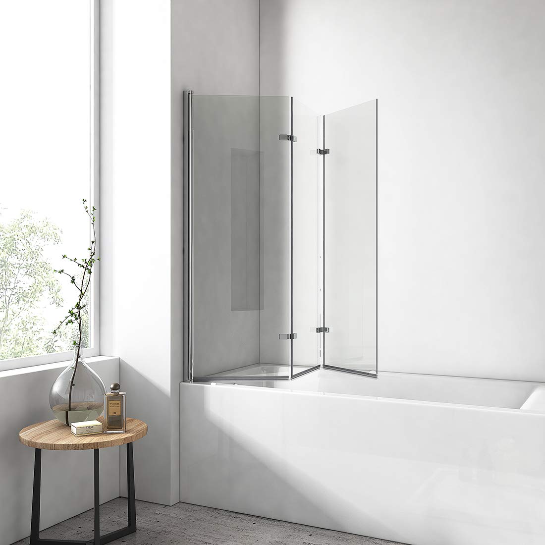 EMKE Parete vasca da bagno pieghevole 130 x 140 cm, 3 pannelli girevoli, vetro vasca da bagno in vetro di sicurezza da 6 mm, oscillazione di 180°, Telaio cromato stile industriale, nano-rivestito
