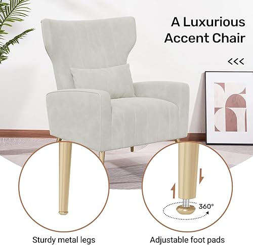 Miniatura 4 de Silla decorativa de terciopelo con respaldo alado para sala de estar, sillón de respaldo alto con patas doradas, almohada lumbar, sofá individual