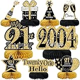 9Pcs Black Gold 21st Birthday Decorations Honeycomb Centerpieces for Girls,Happy 21st Birthday Centerpieces Tables Toppers Party Decorations Supplies,Vintage 2004 Aged Birthday Table Sign Decor