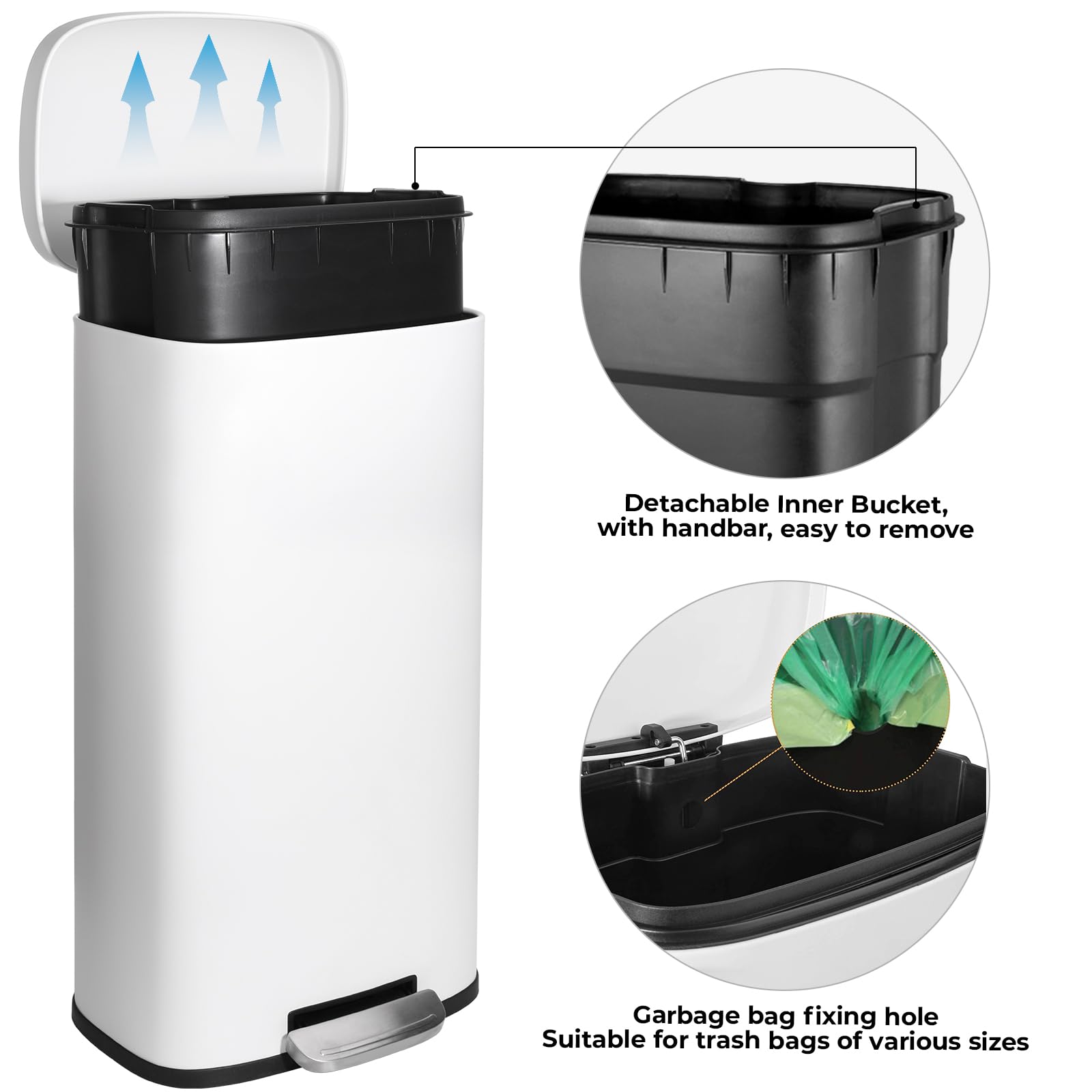 LIFERUN Mülleimer 50l + 5L, 2er Set Abfalleimer aus Stahl mit Softclose Deckel, Abnehmbarer Inneneimer, Geruch isolieren, Großer und Klein Tretmülleimer Set für Küche, Badezimmer, Büro, Weiß
