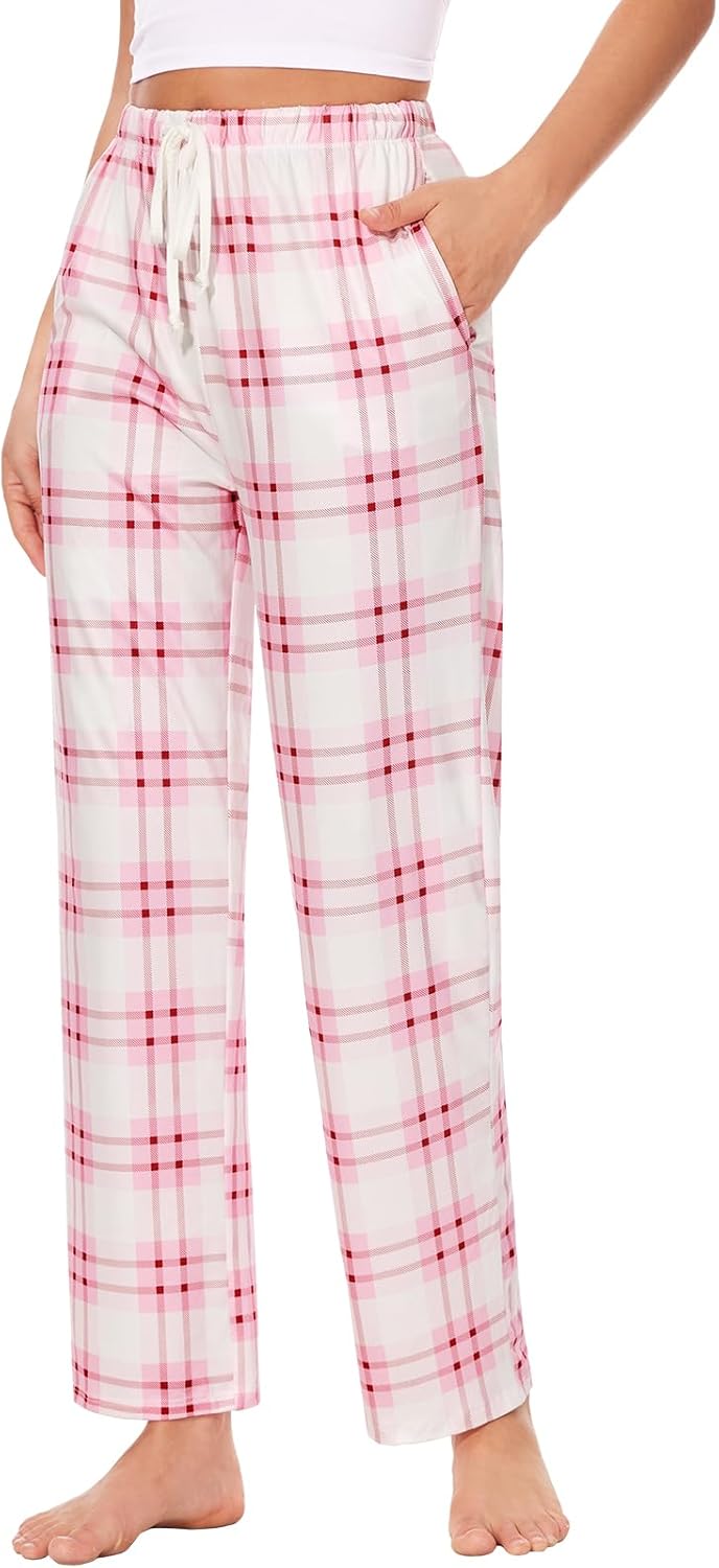 Plaid Casual Pants for Women Loose Pajama Pants Elastic Waist Drawstring Pants with Pockets 2 Pack - Image 3