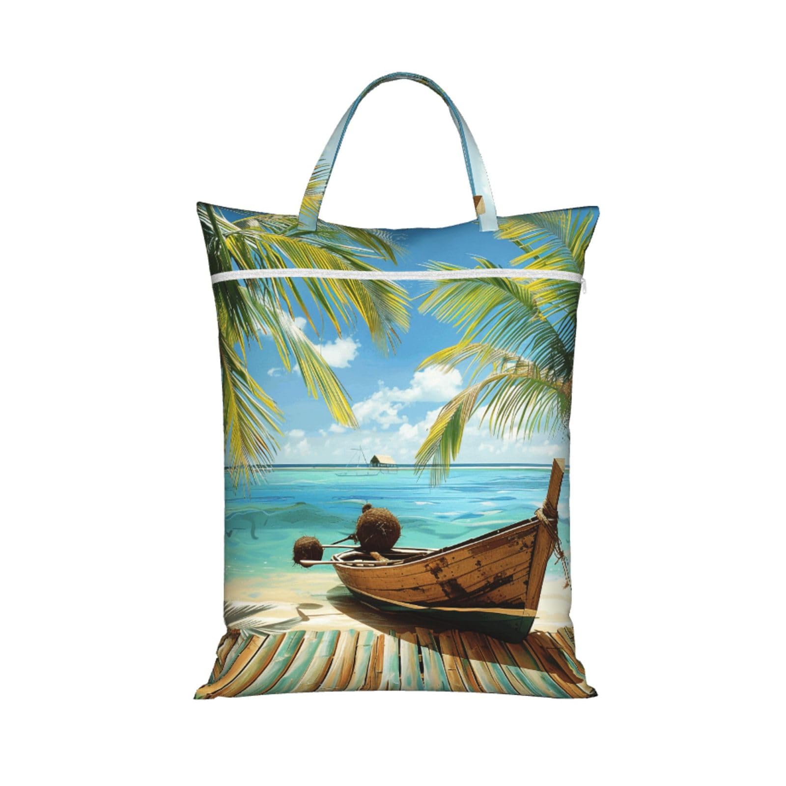 Large Travel Laundry Bags,Seaside Boat Coconut Leaves Print with Handle Foldable Laundry Bag for Holidays Gym Swimming and Family Trips, 1Pcs