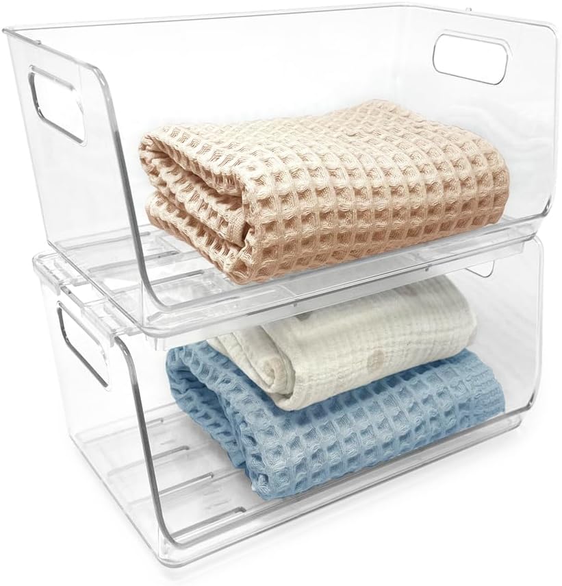 Isaac Jacobs 2-Piece (16" x 12" x 6.1") X-Large Wide Stackable Clear Storage Bins w/Open Front, Versatile Use, Set of 2, Desk, Office, Bathroom, Bedroom, Closet