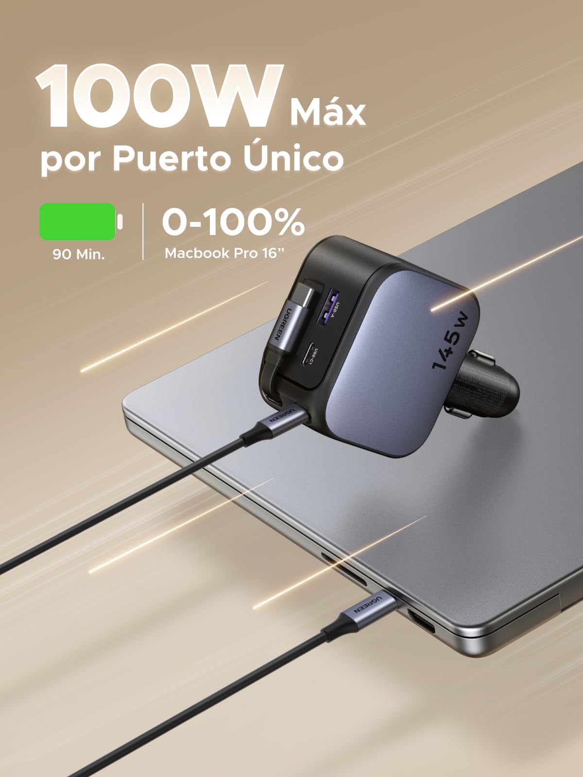 UGREEN 145W Cargador Coche Retráctil Carga Rápida, Car Charger USB C 4 Puertas con Cable Retractil, Compatible con iPhone 17 Pro MAX Air/iPhone 16/15/14, Galaxy S25/24, Pixel 10/9, MacBook, iPad Pro