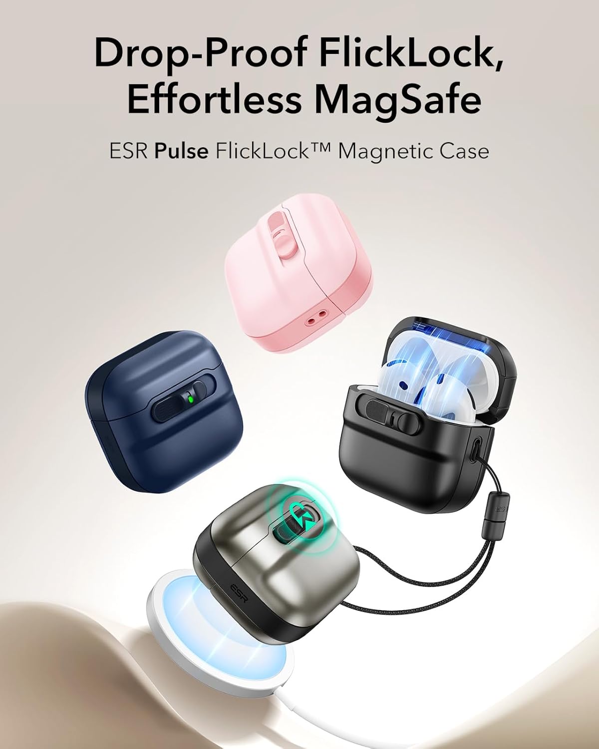 ESR for AirPods 4 Case, Compatible with AirPods 4 Generation Case (2024)(USB-C), MagSafe Compatible, Magnetic Lid Lock, Drop-Proof Protection Cover with Lanyard, Pulse Series,Pink