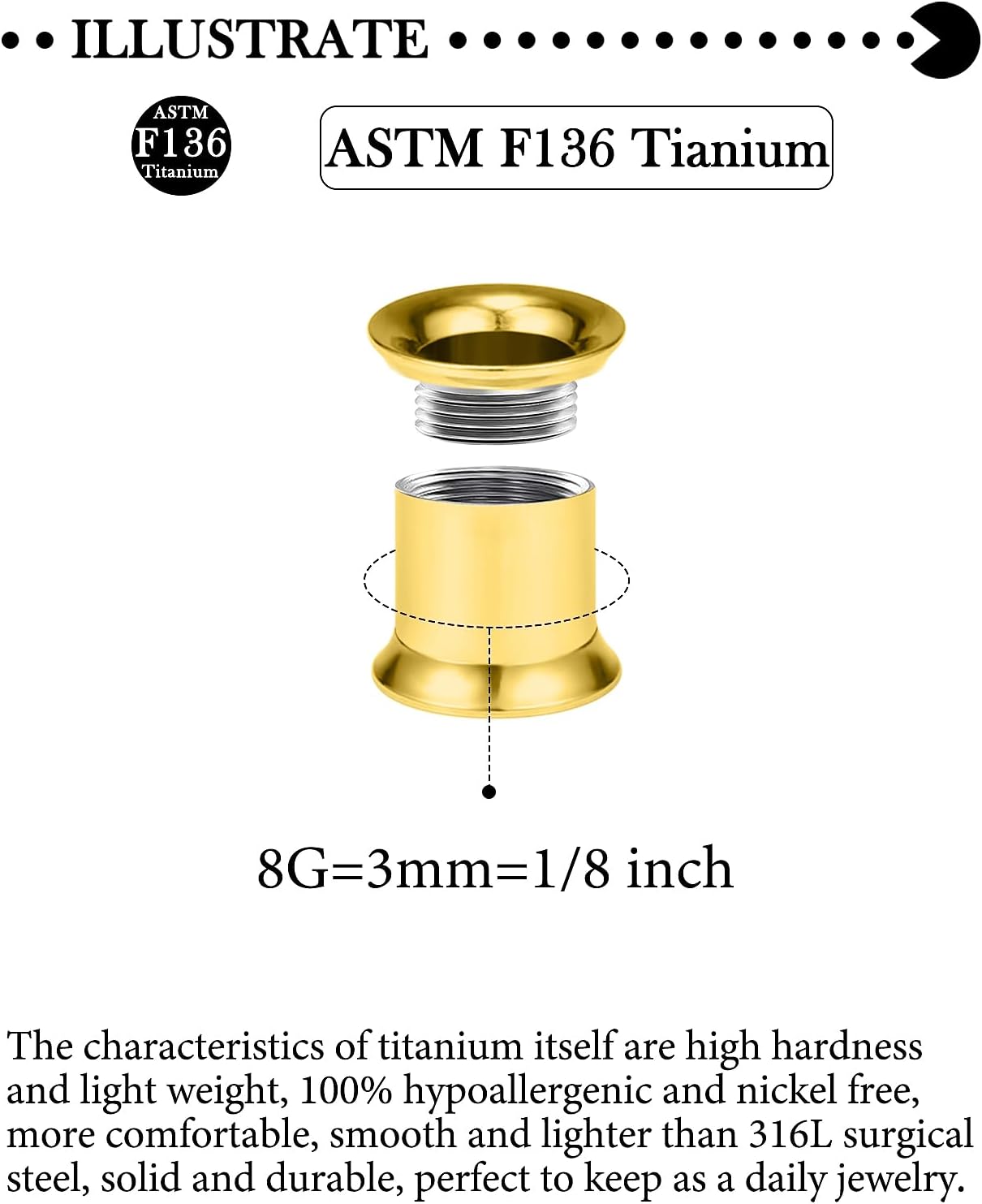 10G 8G 6G 4G 2G 0G 00G F136 Titanium Ear Gauges Tunnels Double Flared Flesh Plugs Earrings Hypoallergenic Implant Medical Surgical Steel External Plugs Piercing Jewelry for Women Men