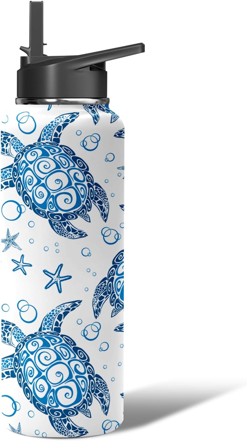 40oz Sea Turtle Water Bottle - Double Wall Vacuum Insulated Stainless Steel Mug, Leakproof Flip Straw & Handle for Hot/Cold Drinks - Gift for Women, Teens, Girls & Animal Lovers