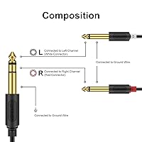 Vista 2 de J&D Cable divisor TRS a Dual TS Y de 1/4 de pulgada, chapado en oro de 0.250 in estéreo macho a 2 macho mono macho para interfaz de audio