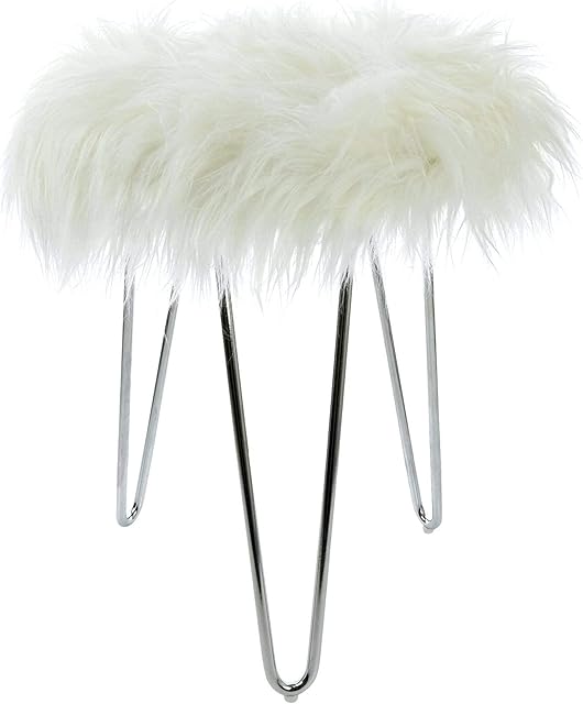 Long Pile Faux Fur Fluffy Round Stool Footstool with Chrome Metal Legs (White)