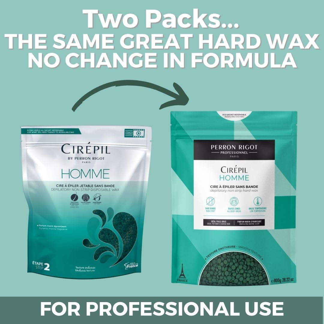 Cirepil - Homme - 800g / 28.22 oz Hard Wax Beads Bag - Strong Grip for Men’s Coarse Hair - Effective Manscaping for Back, Chest & Shoulders - Fresh Marine Scent - Low Temp Refill Bag
