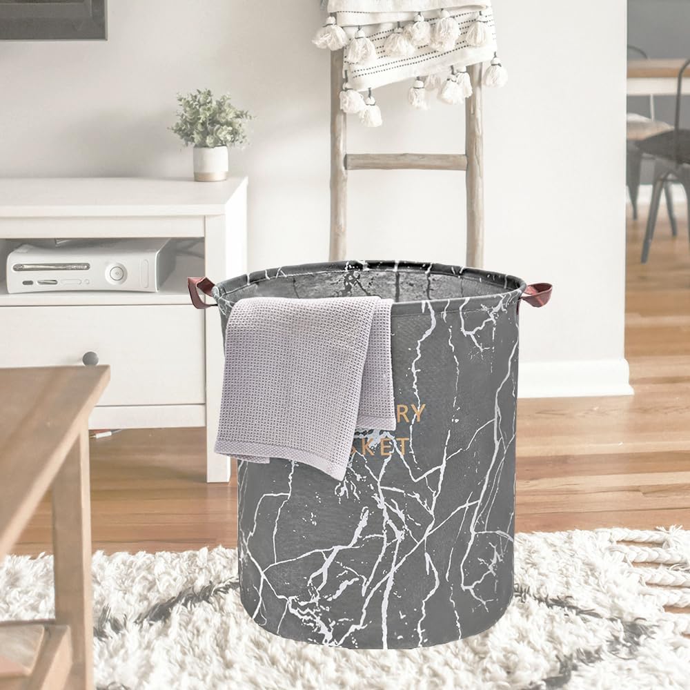 Laundry Hamper Collapsible Laundry Basket Organizer Canvas Fabric Bedroom Storage Basket for Laundry Room/Clothes Hamper/Toy Bins (Black Marbling)