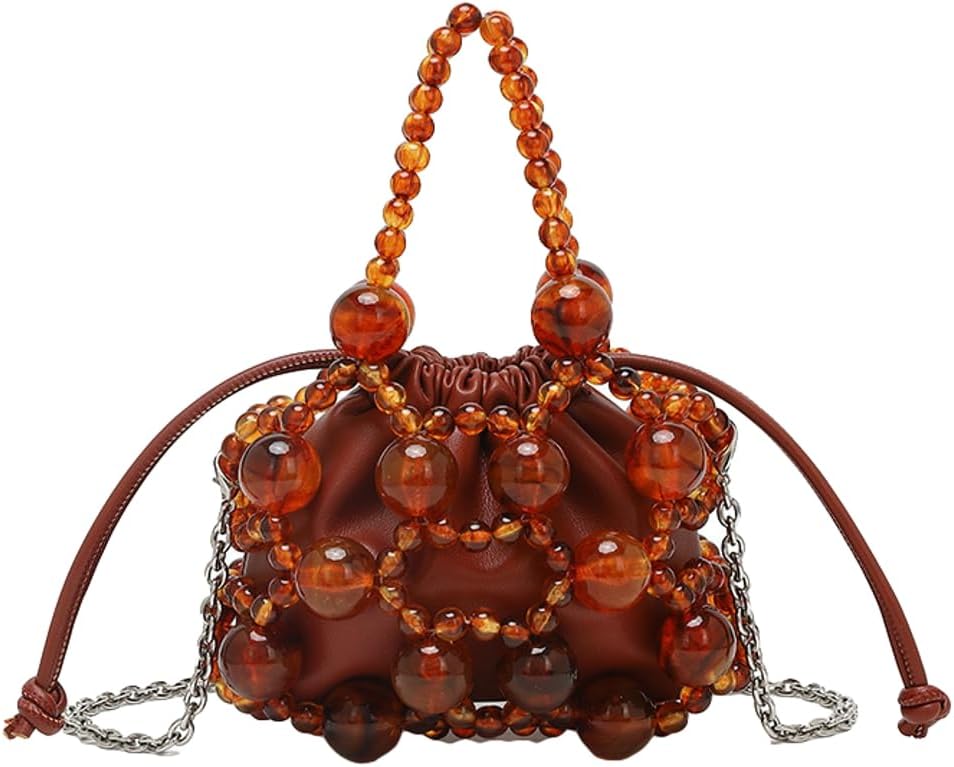 Rungion Trendy Womens Hollow Beaded Woven Handbag Mini Handmade Beaded Purse Crossbody Bag Clutch for Banquet Vacation