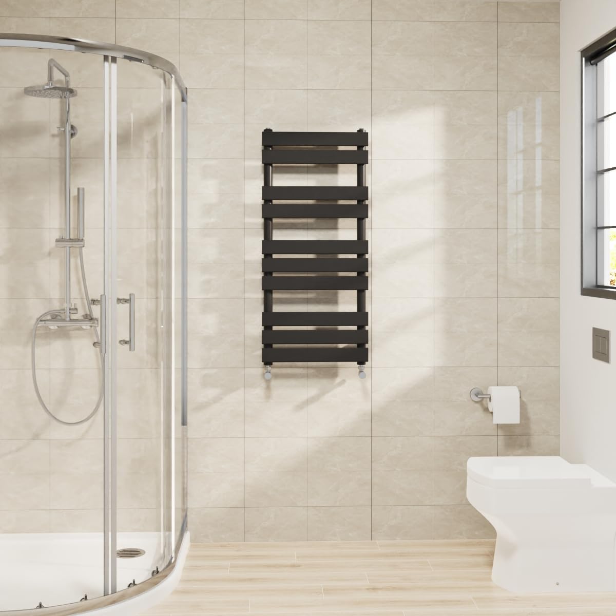 Warmehaus Flat Panel Heated Towel Rail Black Bathroom Ladder Radiator Warmer 1000x450mm