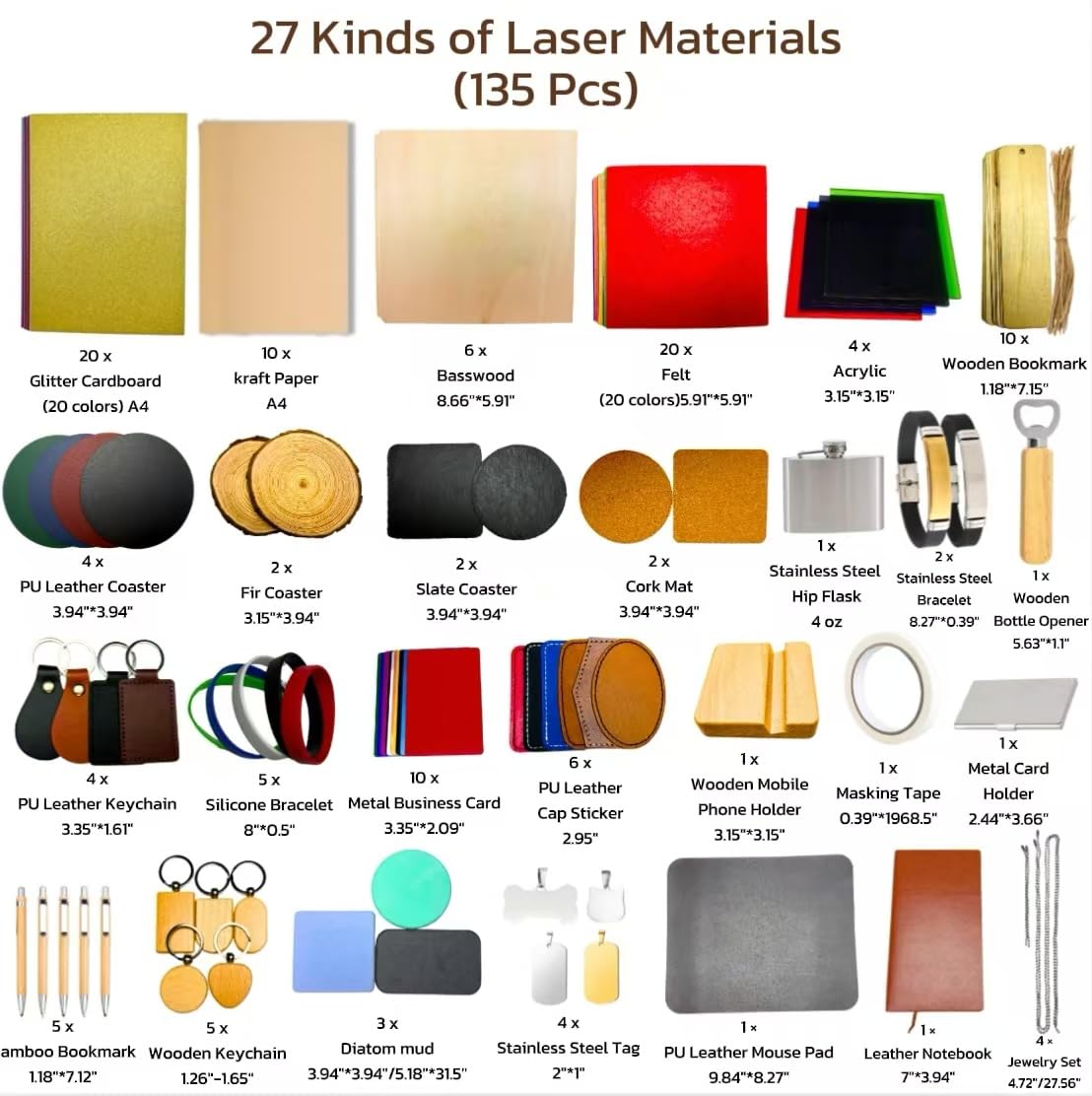 Mroy mio 135-teiliges Lasergravurmaterial-Set, 27 Arten Lasergravierer, Rohlinge für Laserbasteln, inklusive Holz, Acryl, Stoff, Stein, PU-Leder, Kieselalgenschlamm Materialien