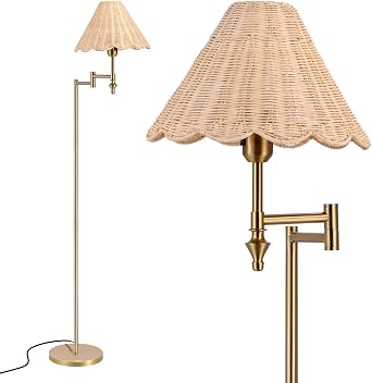 Boho Rattan Floor Lamp with Swing Arm, Natural Standing Lamp with Adjustable 310 Arm, Hand Woven Shade and Gold Metal Frame, 63" Tall Reading Floor Lamp for Living Room Bedroom Reading Nook