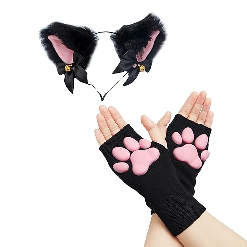 HOMEGYMFREE Cute Cat Paw Mittens Gloves, Kawaii Cat Cosplay Kawaii Soft 3D Toes Beans Fingerless Cat Claw Paws Pad Sleeve - Black Short+ears