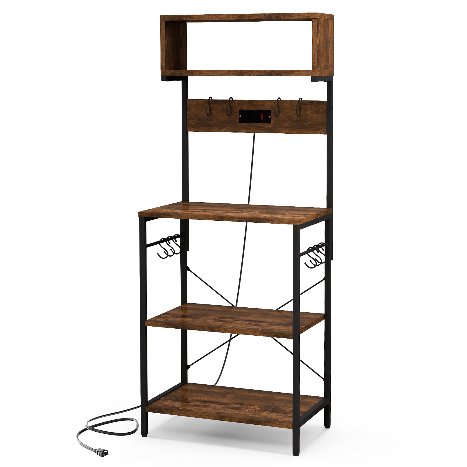 KOMFOTTEU Mensola da Cucina con Presa e 10 Ganci, Supporto per Forno a Microonde a 4 Livelli, 60 x 42 x 153 cm, Scaffale Multifunzionale in Acciaio, Scaffale Da Panetteria per Cucina e Sala da pranzo