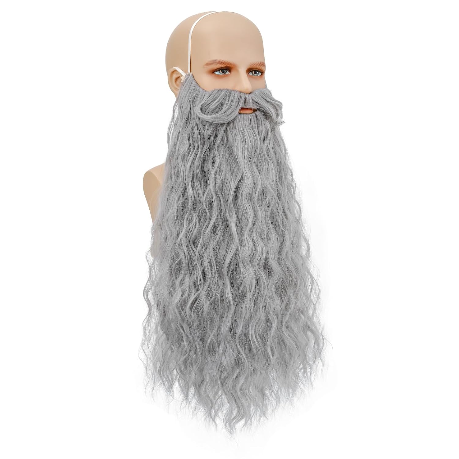 incohair Men’s 20inch Long Curly Gray Beard with Mustache, Grey Synthetic Fake Beard Costume for Halloween Cosplay Costume Facial Hair, One Size Fits All (Grey)