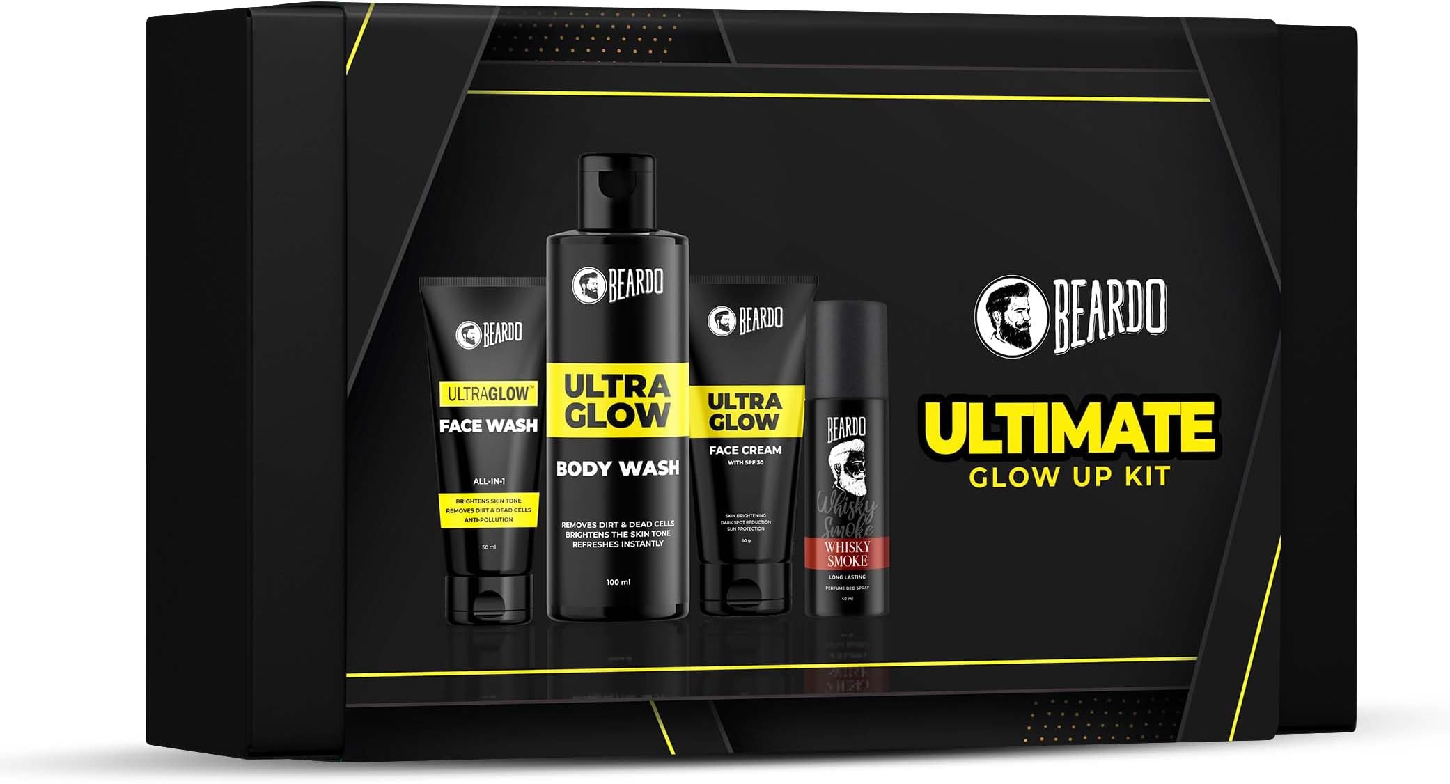 Ultimate Glow up Kit - Grooming kit for men | Ultra Glow Facewash | Ultra Glow Face cream for glowing skin with SPF | Body wash | Whisky smoke perfume body spray for men | Rakhi Gift Hamper for