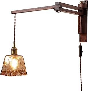 Rétro Applique Murale en Bois Avec interrupteur Industrielle Vintage Lampe de Mur de Chevet Bras articulé Réglable E27 Lampe Murale avec Fait main Abat-Jour Verre Chambre Lampe de Lecture Wall Lights