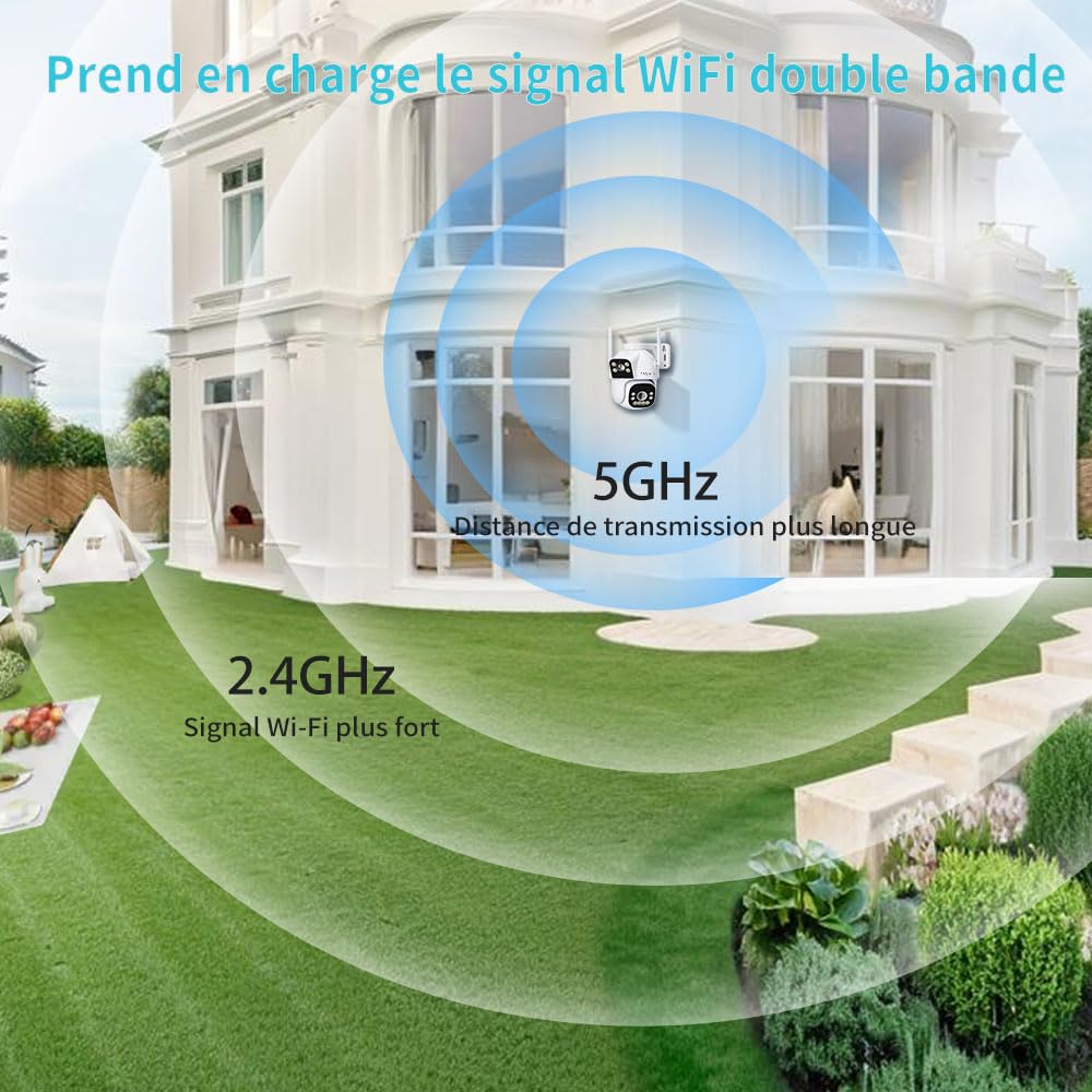 2MP Camera Surveillance WiFi Extérieur, 2.4GHz 5GHz PTZ 1080P Caméra IP Extérieure avec Double Objectif, Vision Nocturne Couleur, Détection Humaine, Audio Bidirectionnel,IP66