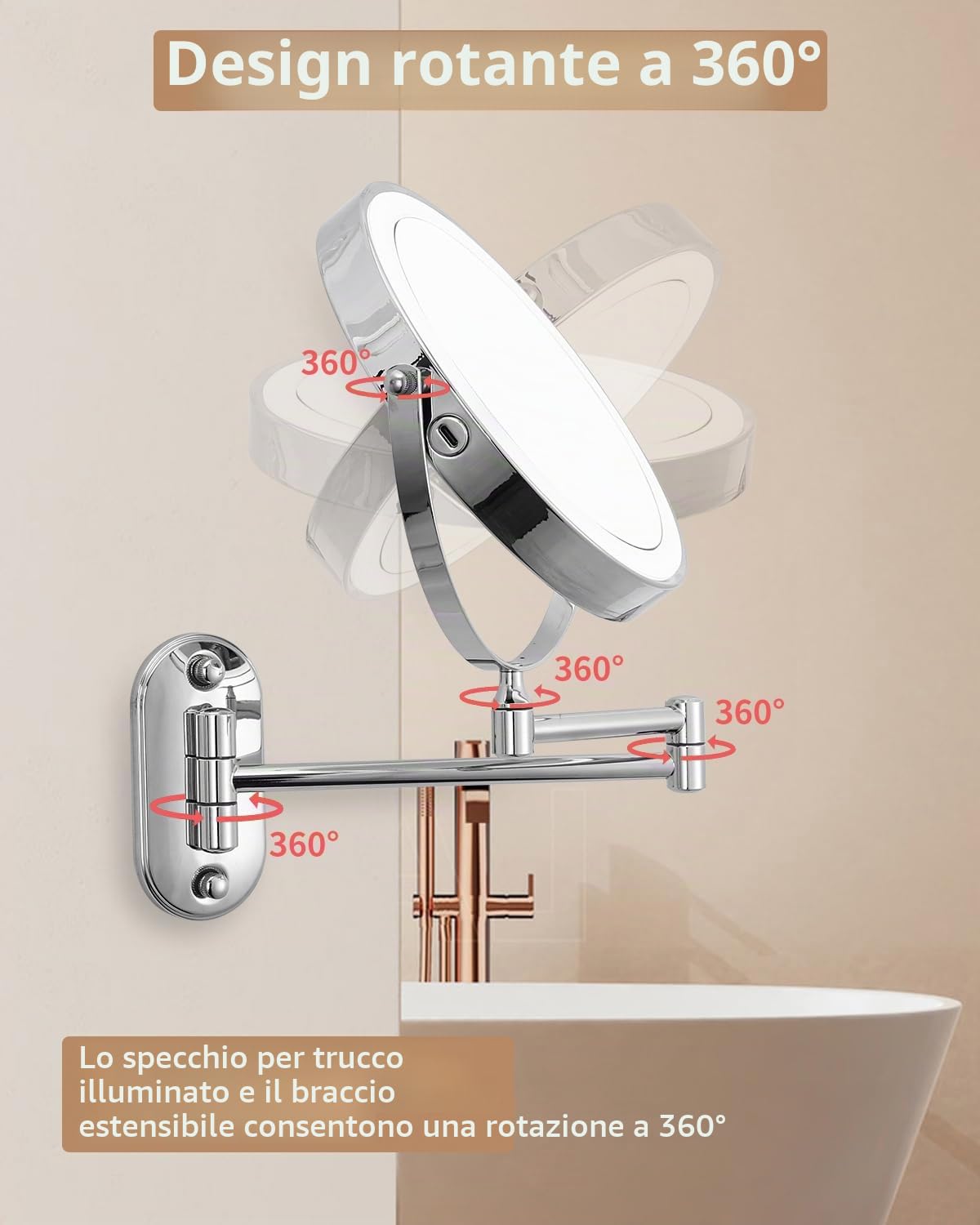 Specchio cosmetico con Ingrandimento, a LED da barba da parete girevole a 360° per bagno con illuminazione 1X / 10X