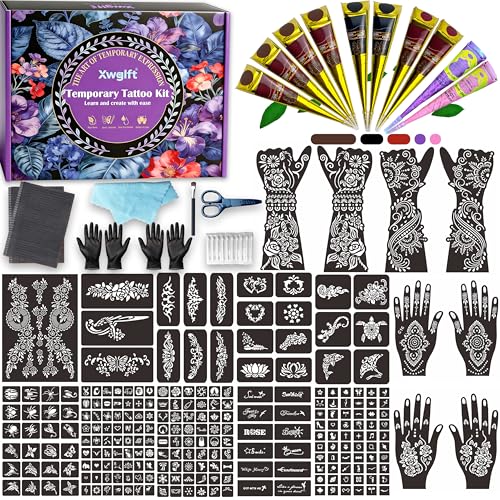 245 Pcs Temporary Tattoo Stencils Kit - 10 Tattoo Cones (4 Brown, 2 Black, 2 Red, 1 Purple, 1 Rose Pink) - Waterproof DIY Body Art Set | Ideal Gift for Adults, Teens, Parties & Family Fun
