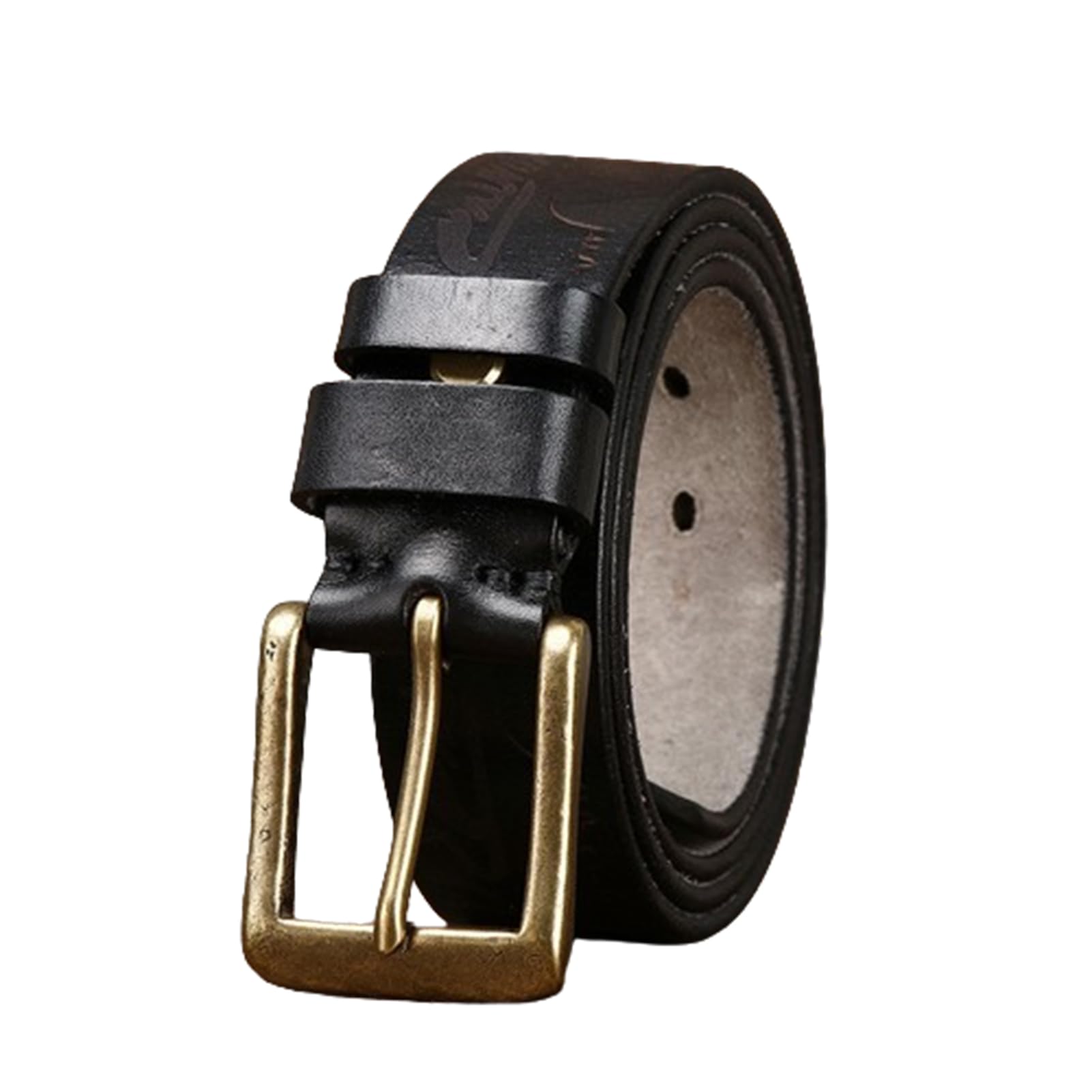 AGUTALITHIC Leather Western Engraved Letter Embossed Belt Strap with Finish & Chrome Gold Vintage Antique Rectangular Buckle(115cm/45, Black)