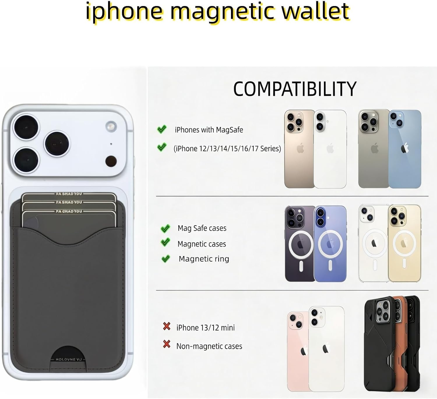 Upgraded for Magsafe Wallet, Strong Magnetic Phone Wallet with Adjustable Stand, Built in Makeup Mirror, 5 Card Holder (Black fold)