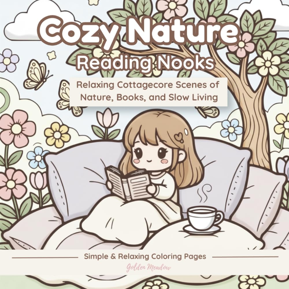 Cozy Nature Reading Nooks: Relaxing Cottagecore Scenes of Nature, Books, and Slow Living Coloring Book